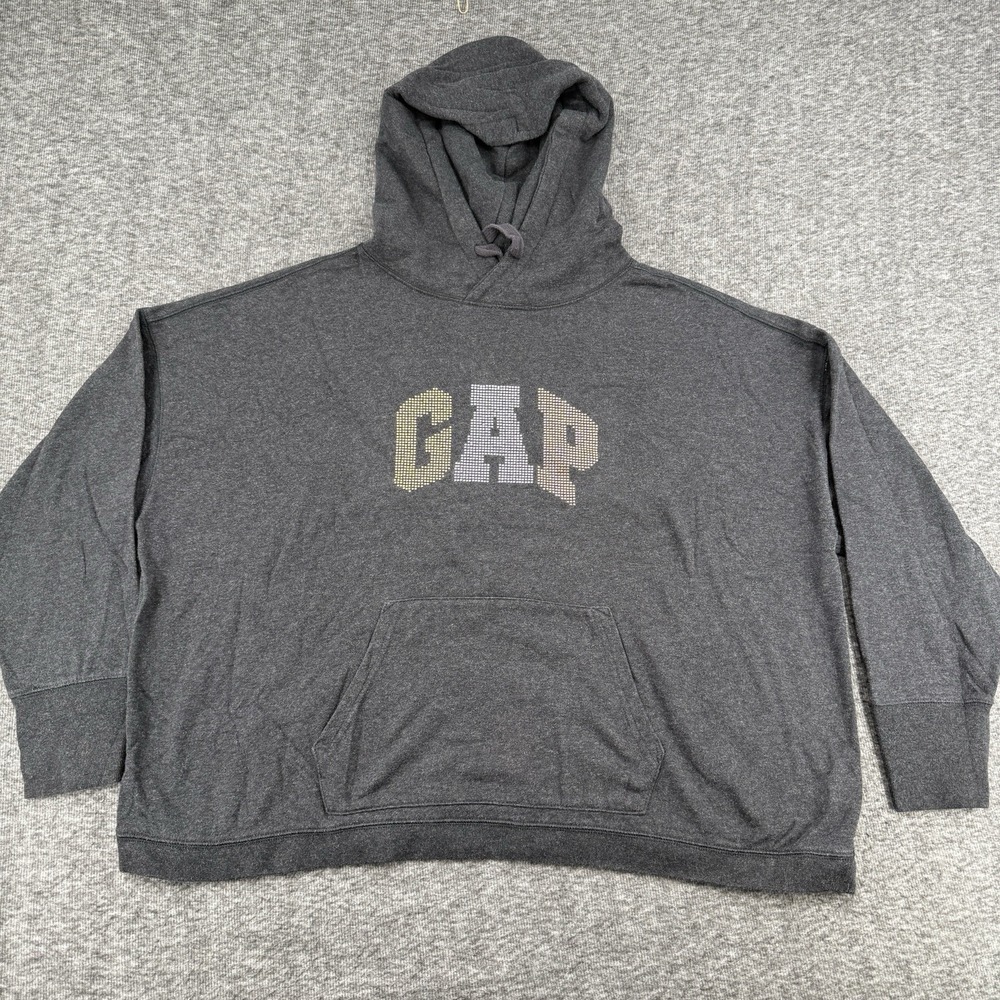 Gap Hoodie Womens XL Gray Studded Arch Logo Oversized Boxy Pullover Embellished